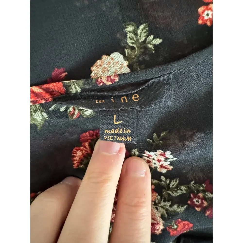 Mine Womens Large Black Floral Sheer 3/4‎ Length Sleeve Blouse - Picture 14 of 15